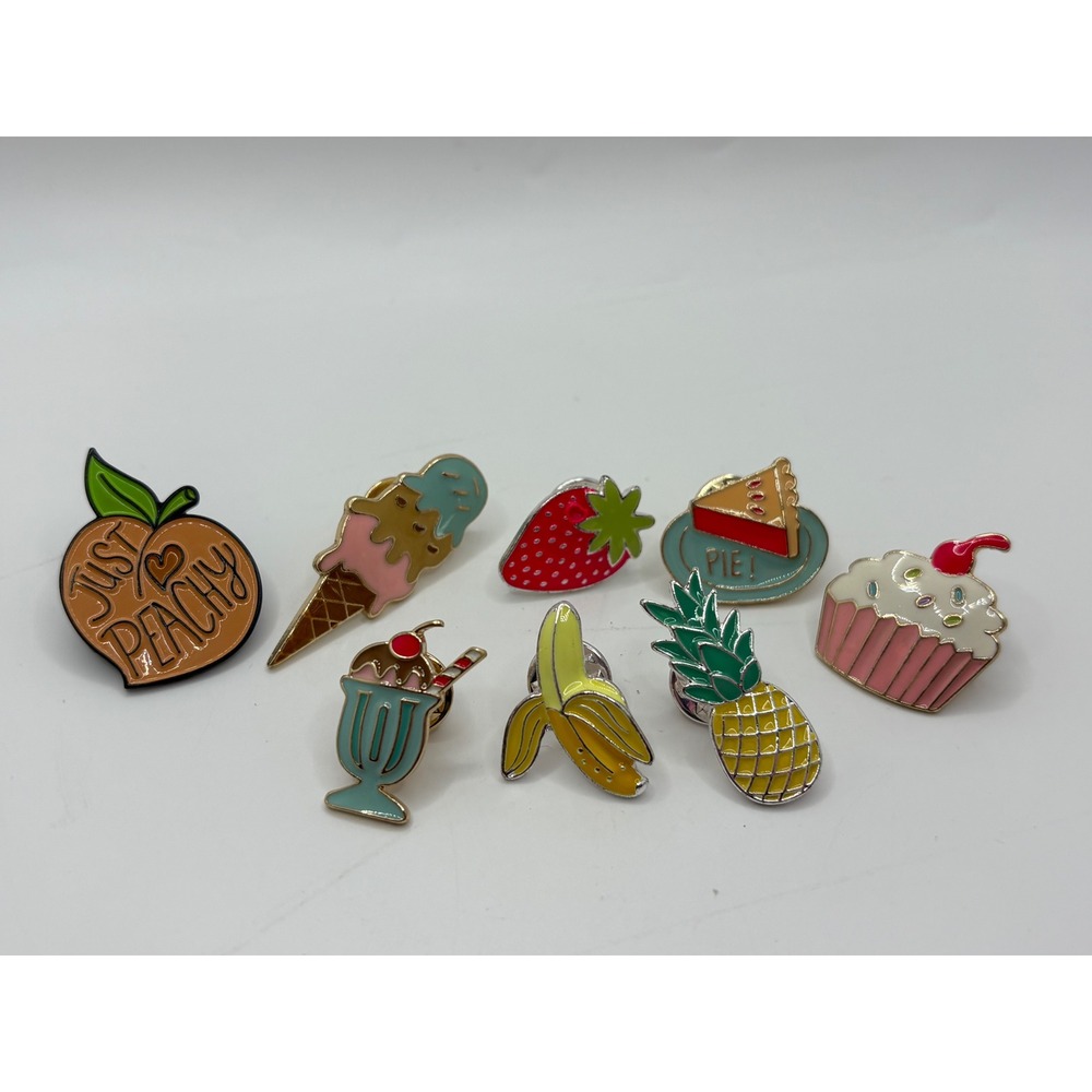 8pc Enamel Pin Set Fruit Dessert Kawaii Peach Strawberry Ice Cream Cupcake Pie